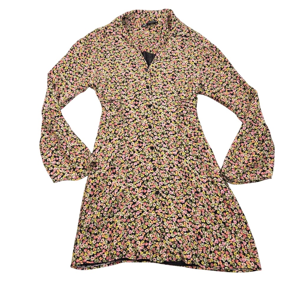 Zara Floral Mini Dress Womens XS Black Pink Long Sleeve Button Down Ditsy Print